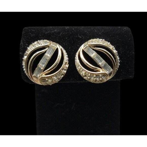 Kramer Vintage Clip One Earrings Diamante Gold Tone Round Studs High End Estate - Picture 2 of 11
